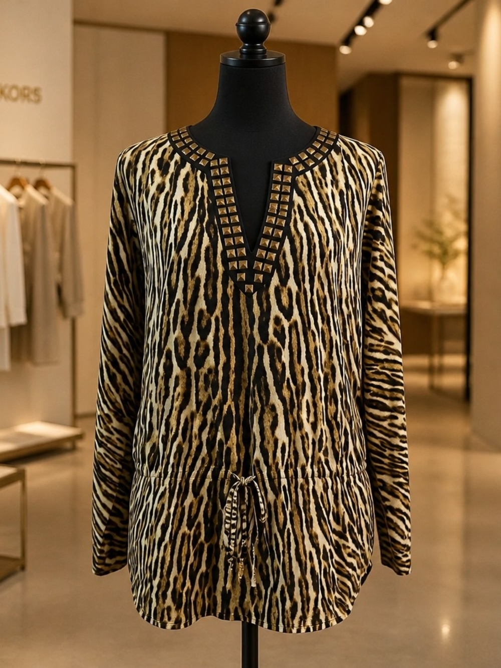 MICHAEL Kors Safari Studded V-Neck Drawstring Tunic Blouse Top Size 8